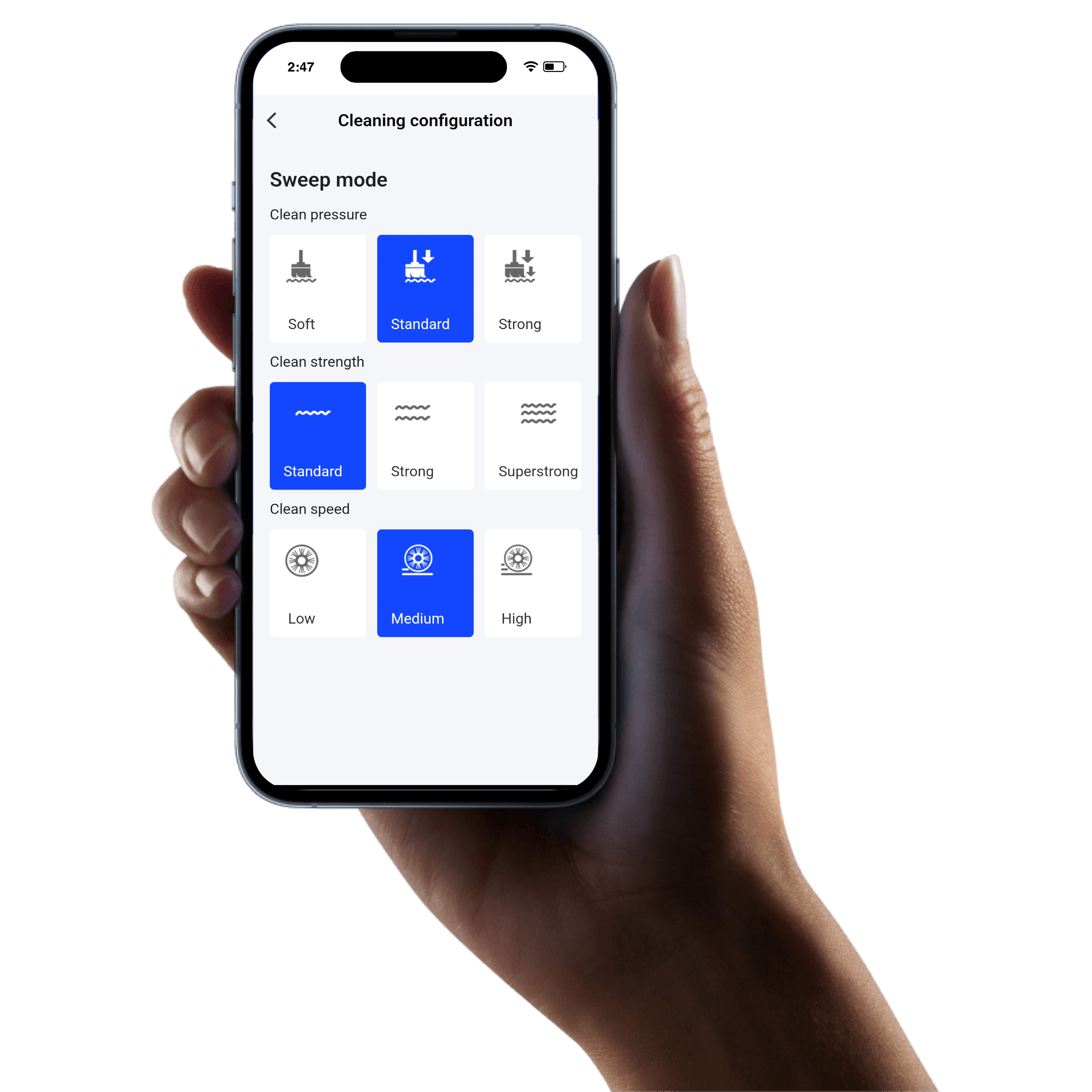 Image of a hand holding an iPhone, the screen of the phone shows a cleaning mode being set for the robot