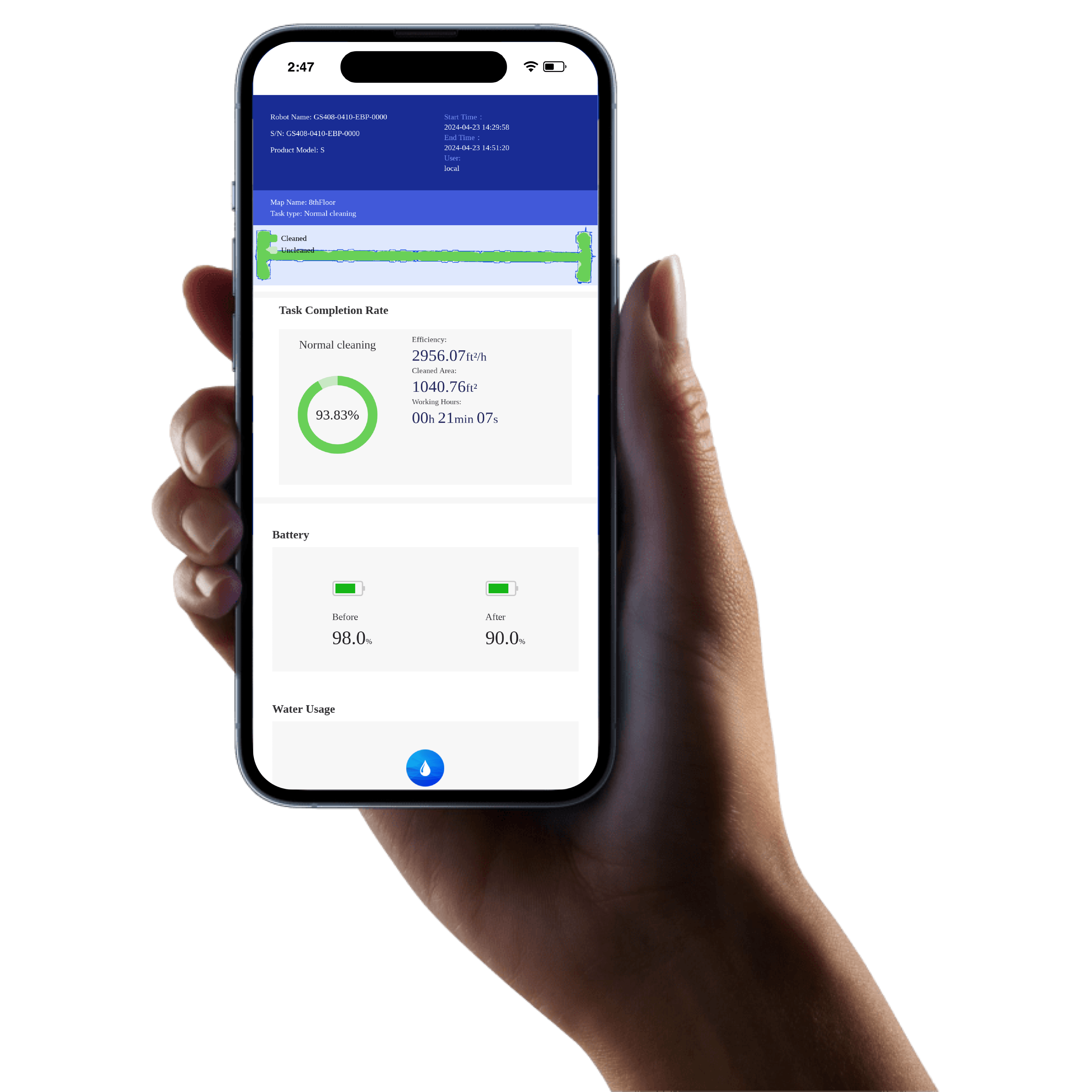 Image of a hand holding an iPhone, the screen of the phone shows data from the robot