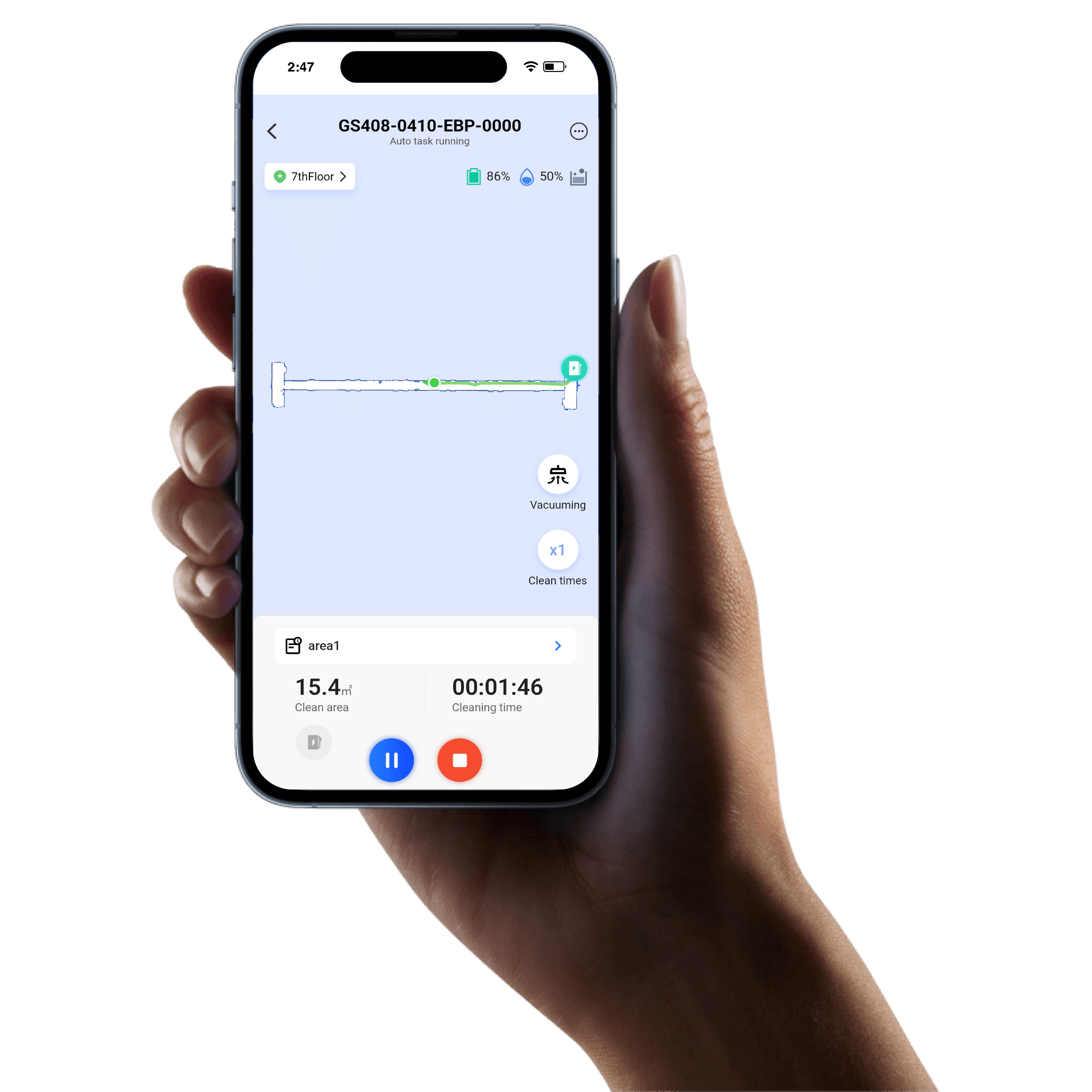 Image of a hand holding an iPhone, the screen of the phone shows the robot being controlled from the app