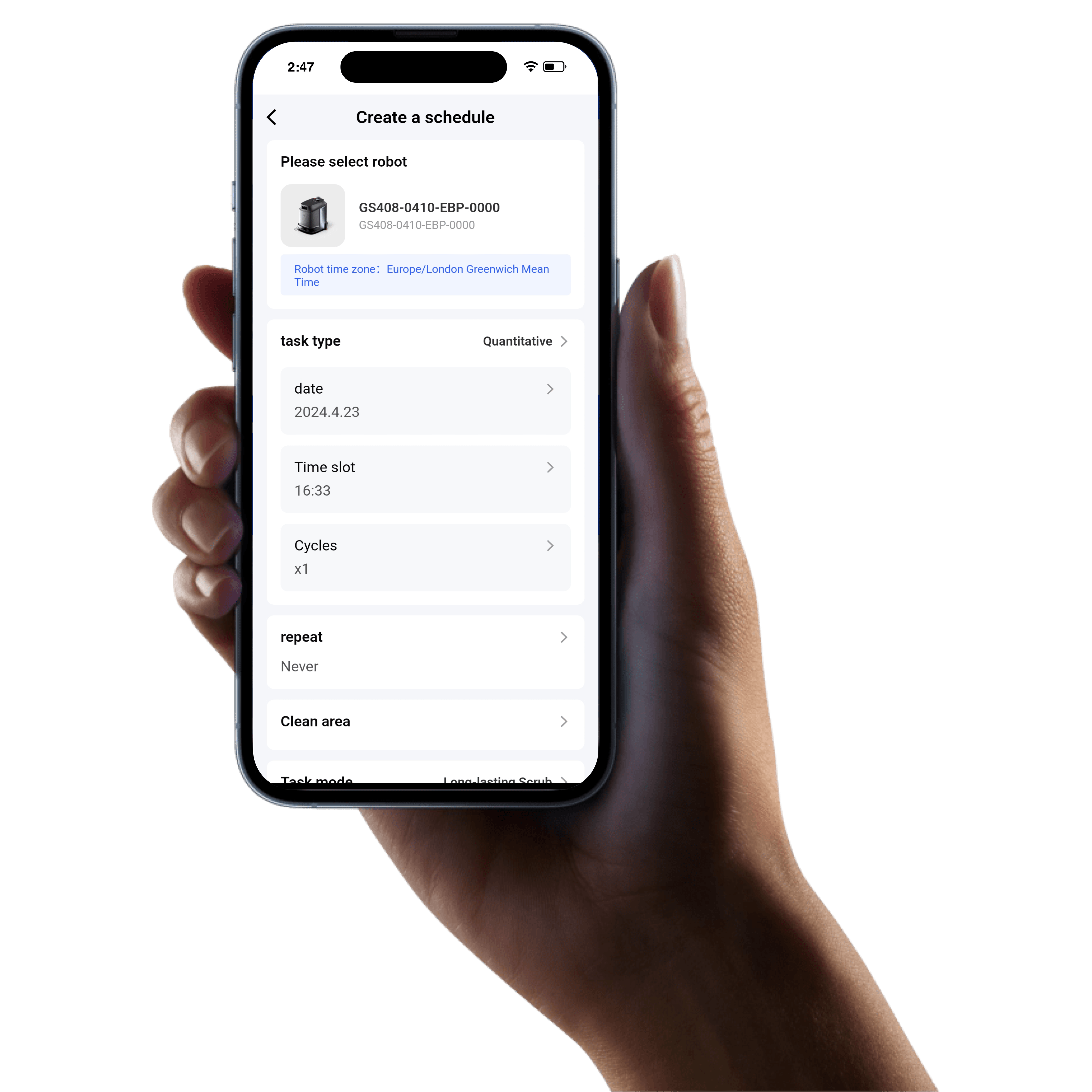 Image of a hand holding an iPhone, the screen of the phone shows a task being created for Phantas