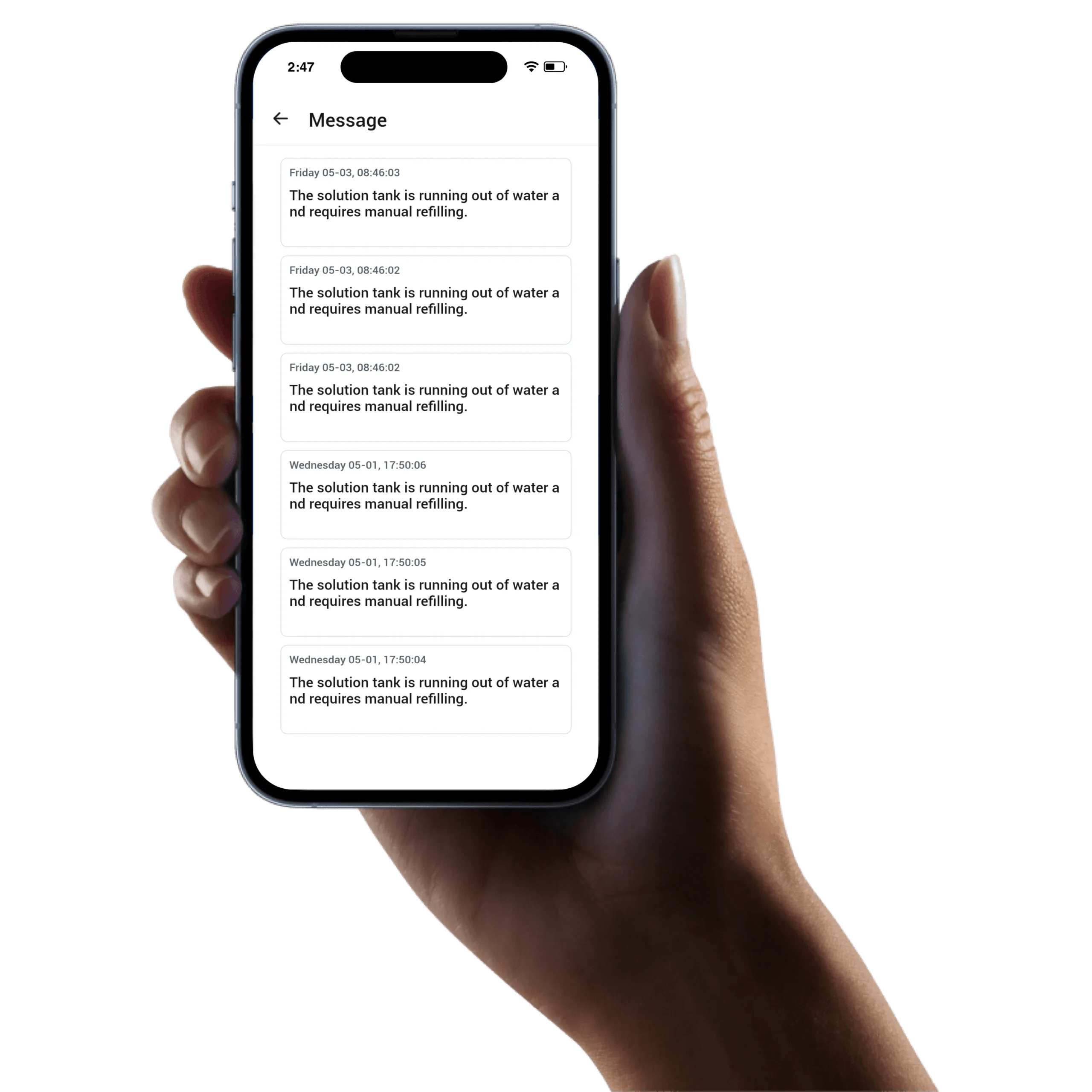 Image of a hand holding an iPhone, the screen of the phone shows alerts