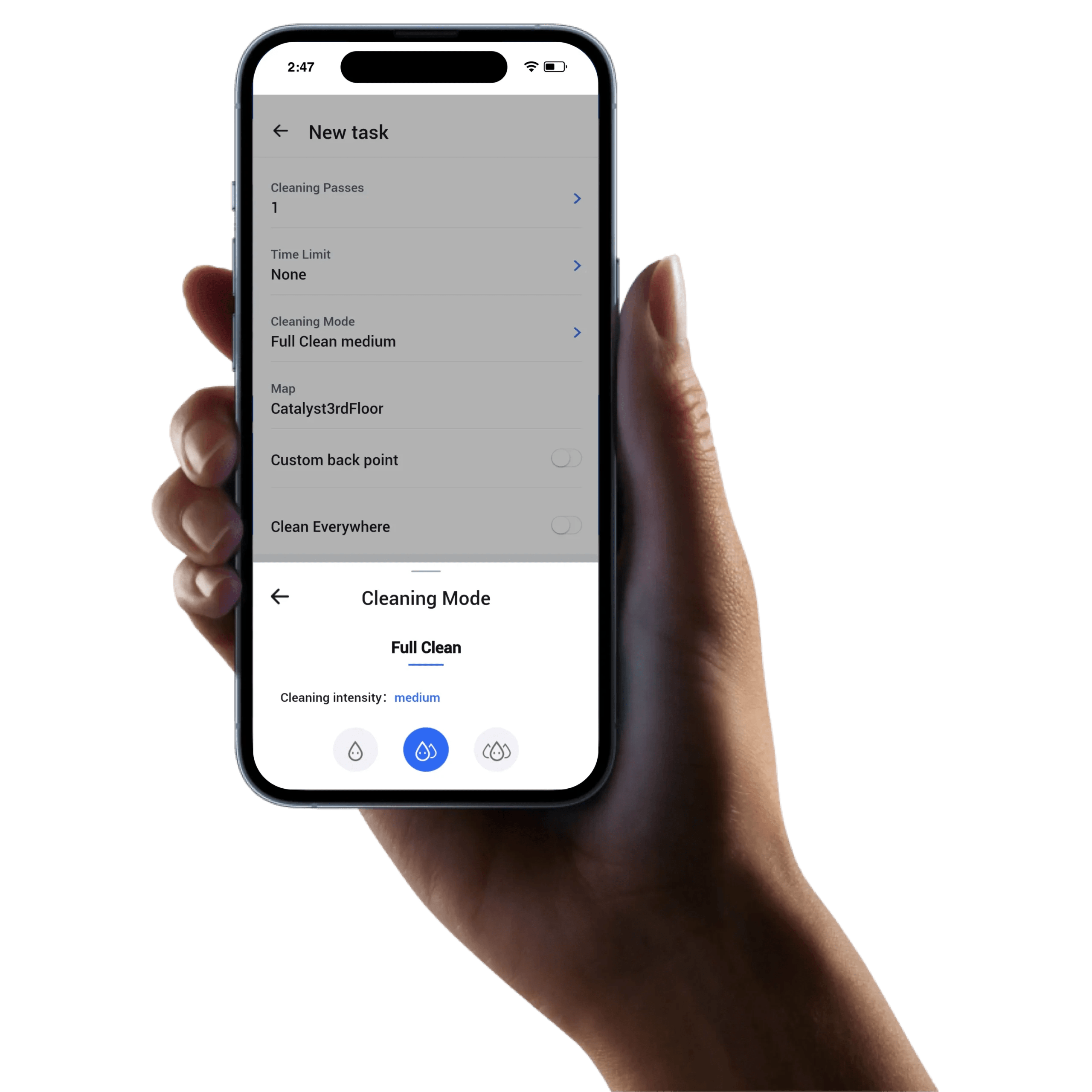 Image of a hand holding an iPhone, the screen of the phone shows a cleaning task being set for L50