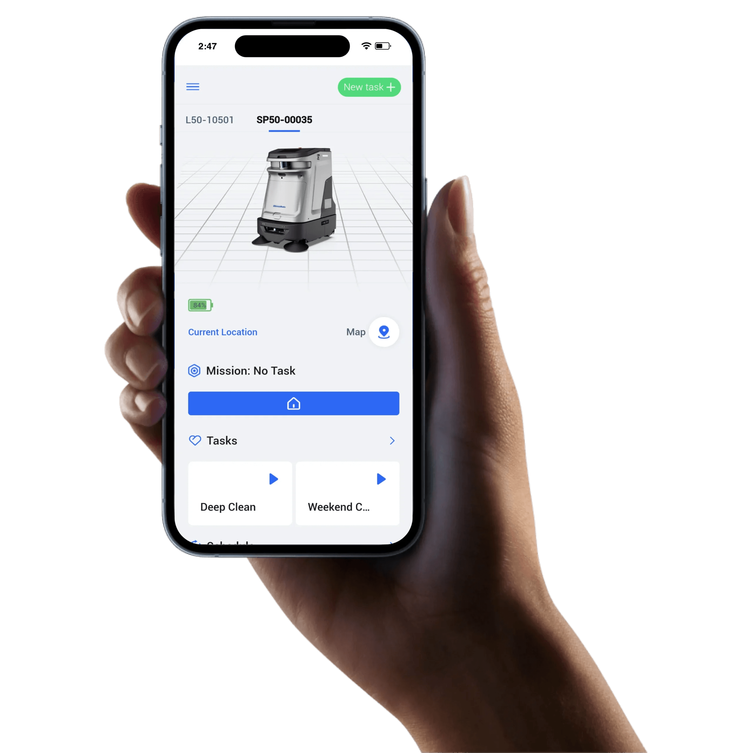 Image of a hand holding an iPhone, the screen of the phone shows the remote control of the robot