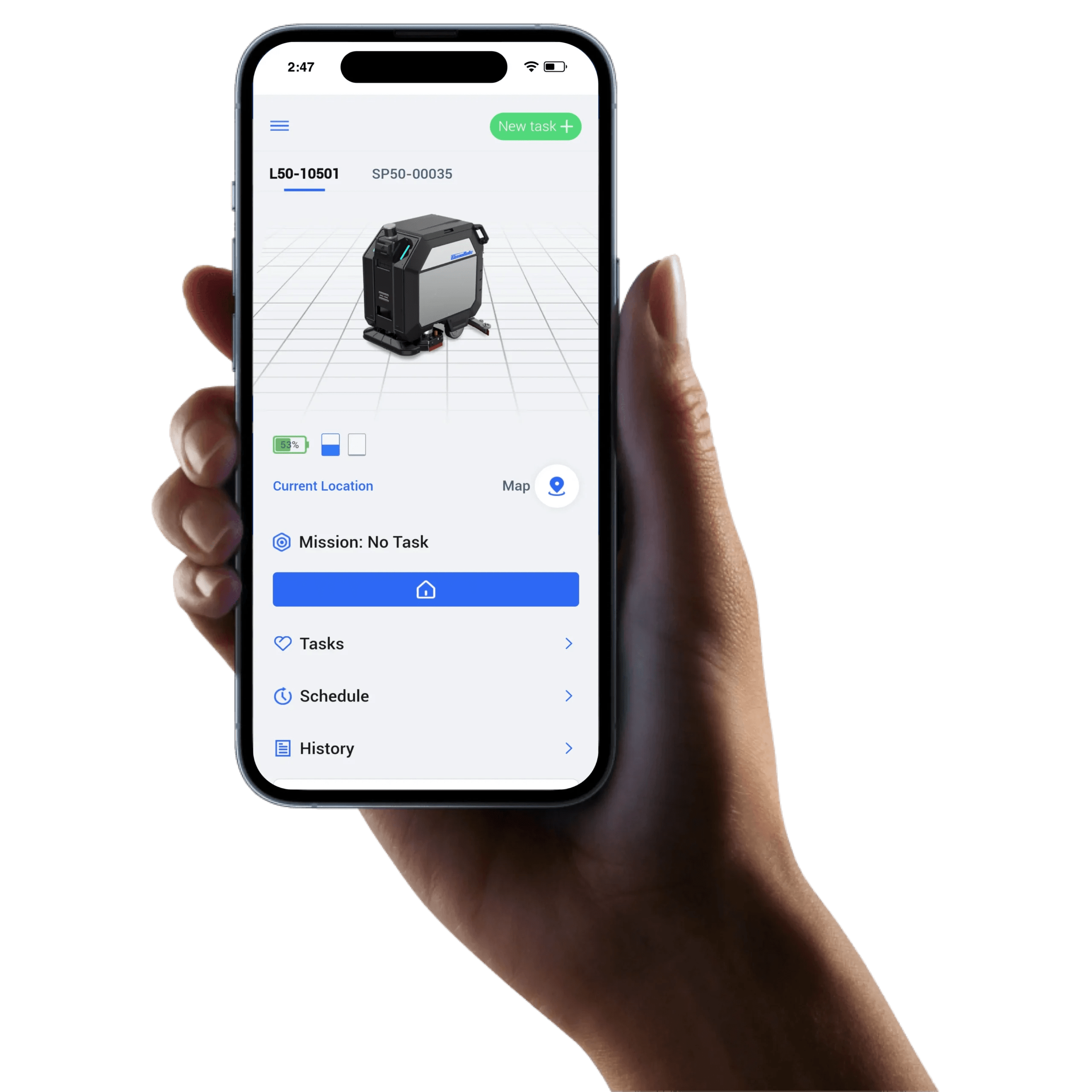 Image of a hand holding an iPhone, the screen of the phone shows the remote control of the robot