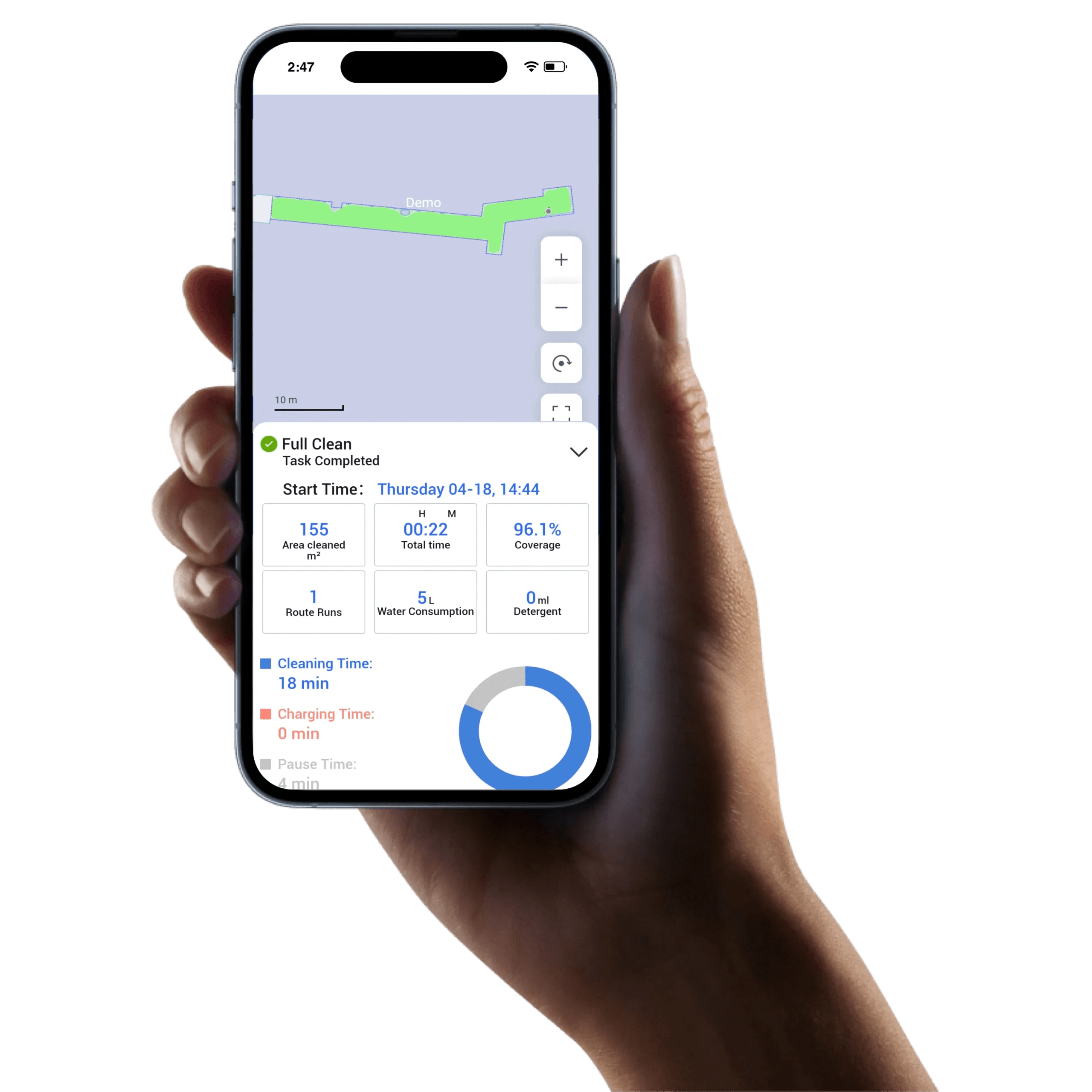 Image of a hand holding an iPhone, the screen of the phone shows a cleaning report