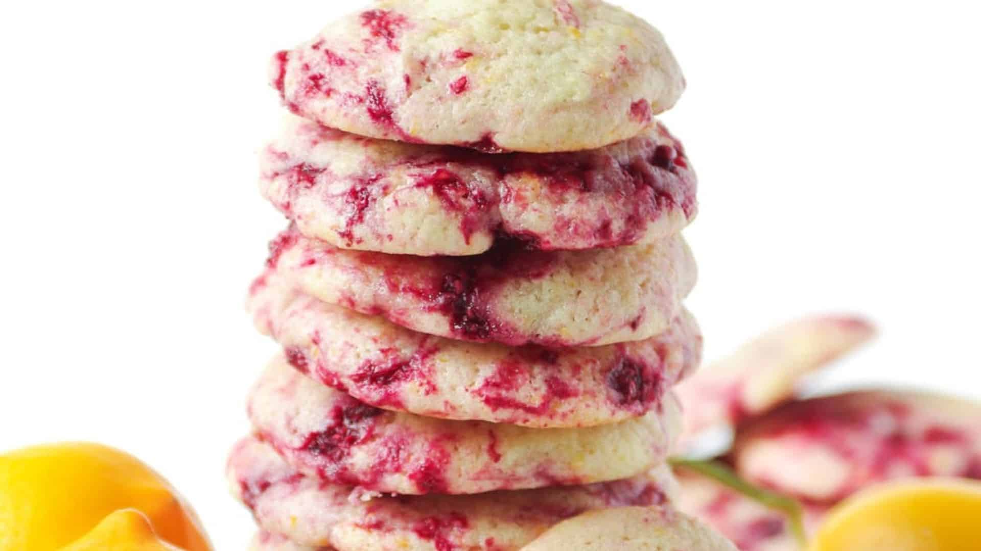 Stack of lemon raspberry cookies.