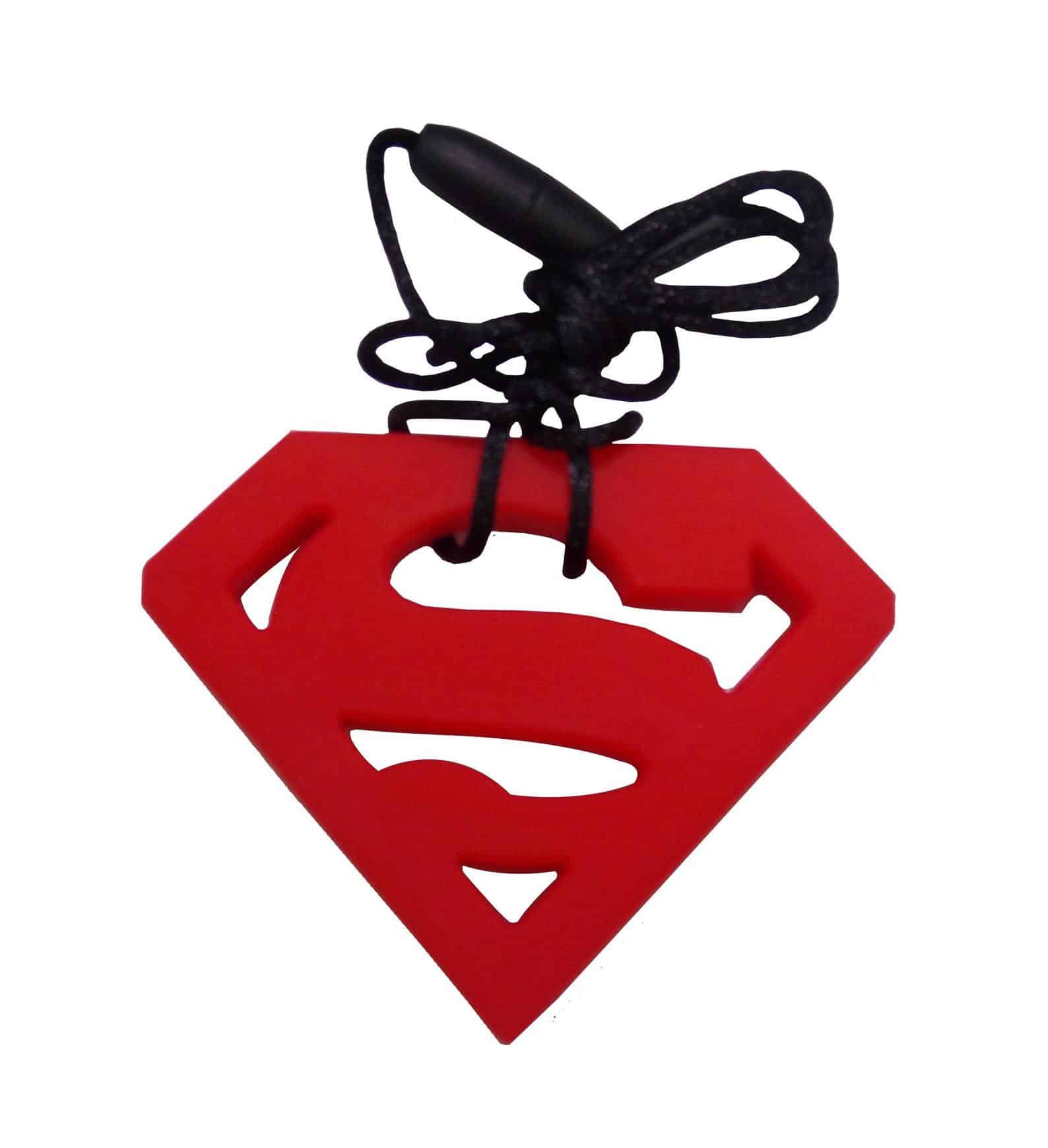Superman chew necklace for kids with autism in the shape of a large red S