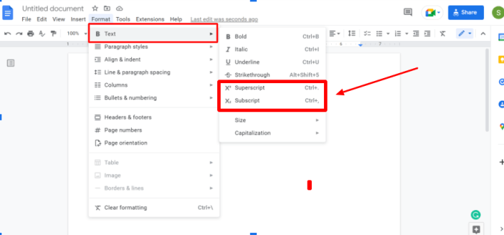 Superscript in Google Docs using Format Menu