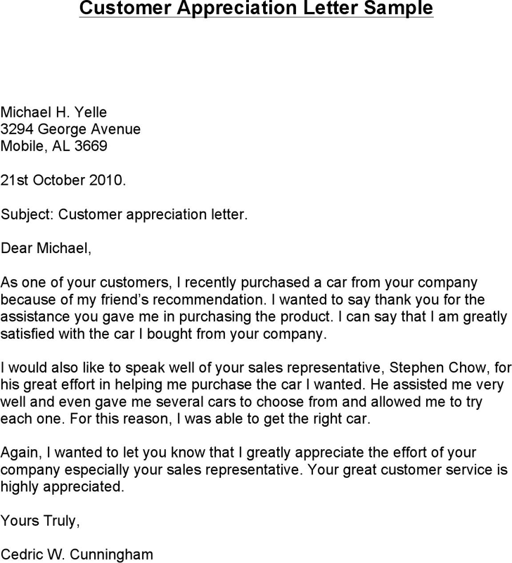 Free Customer Appreciation Letter Sample Docx 68kb 1 Page S