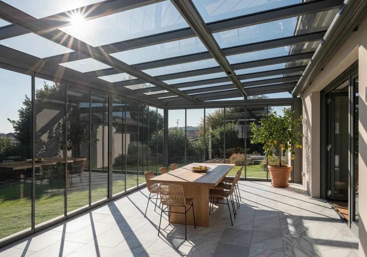 Pergola addossata in alluminio bianco e vetro con vetrate scorrevoli su giardino