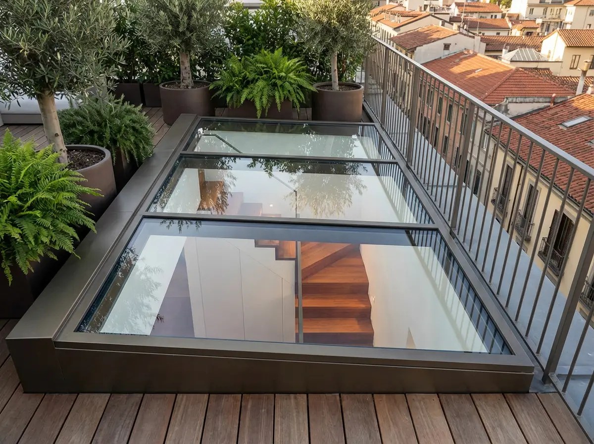 Lucernario apribile o fisso in vetro calpestabile su terrazza rooftop con scala interna