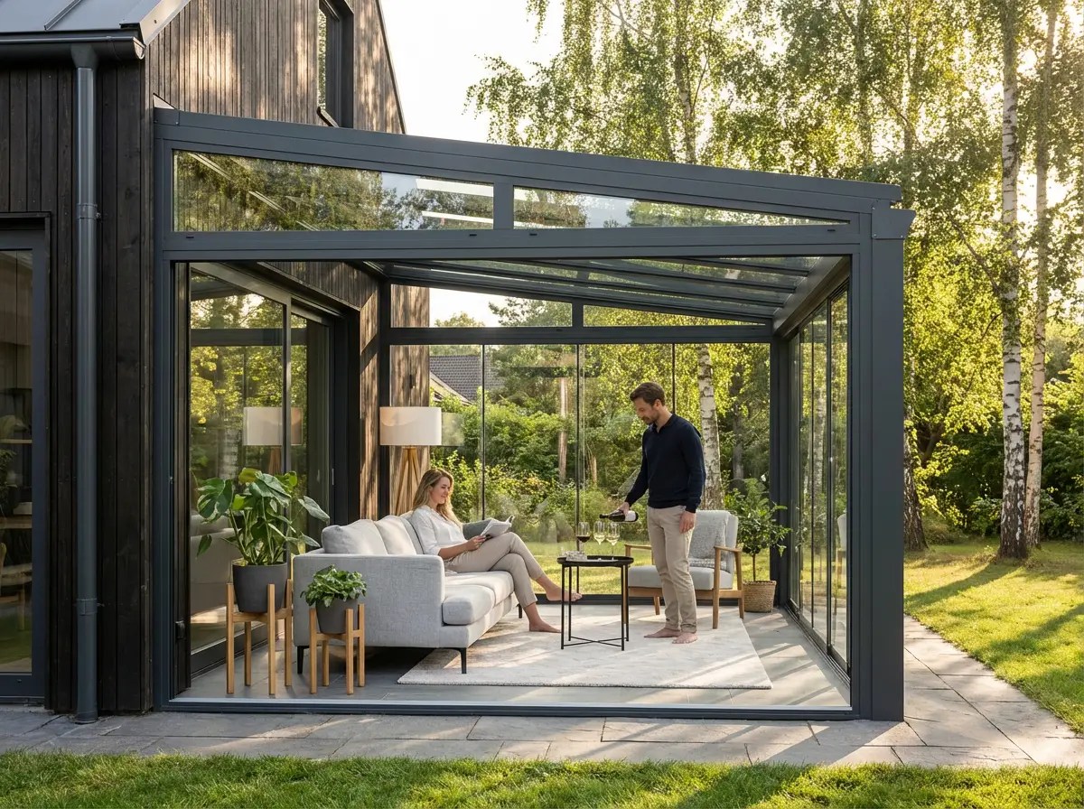 Serra solare bioclimatica Veranda in vetro e alluminio antracite con arredi living in giardino residenziale