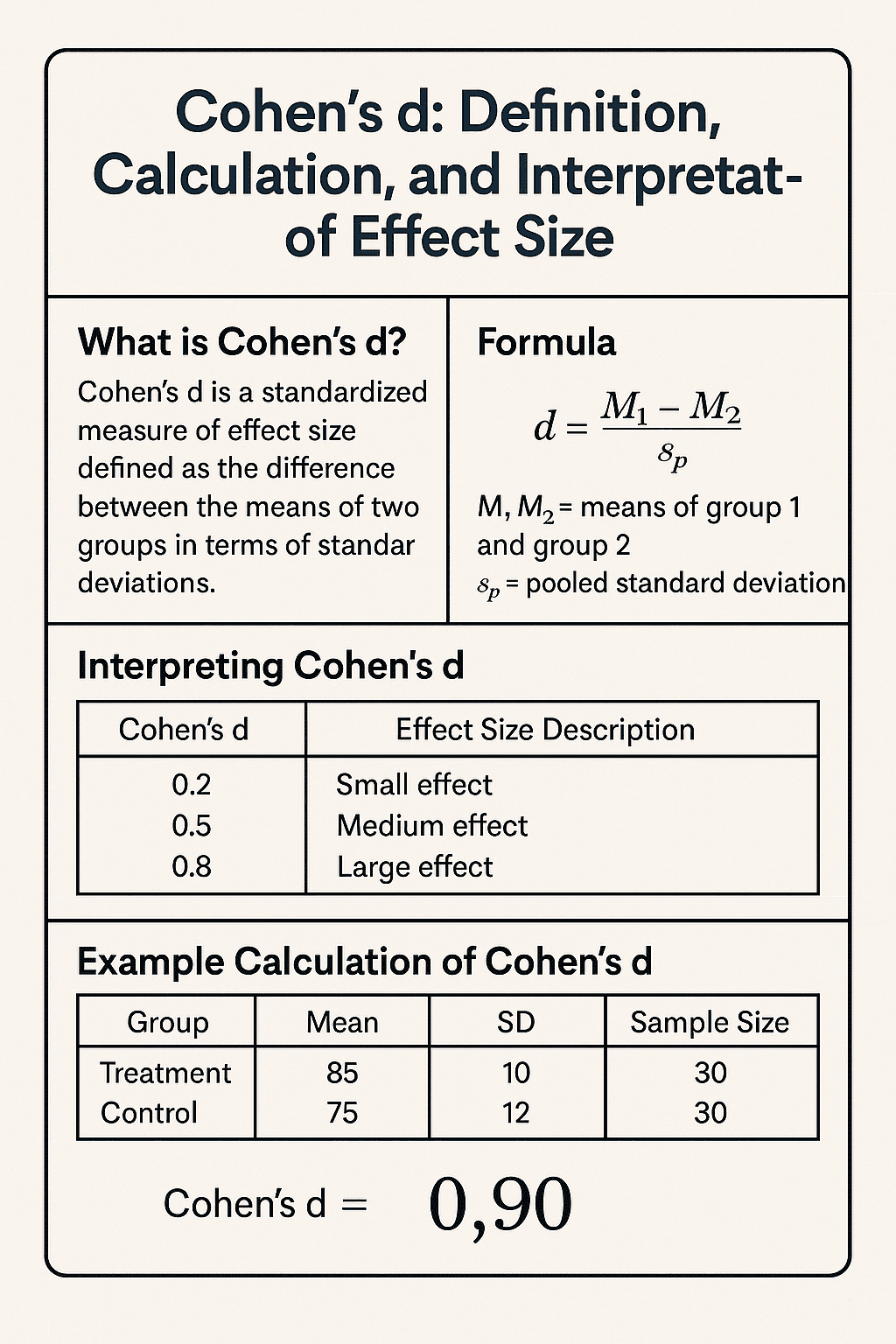 Cohens d: definition, calculation, and interpretation of effect size