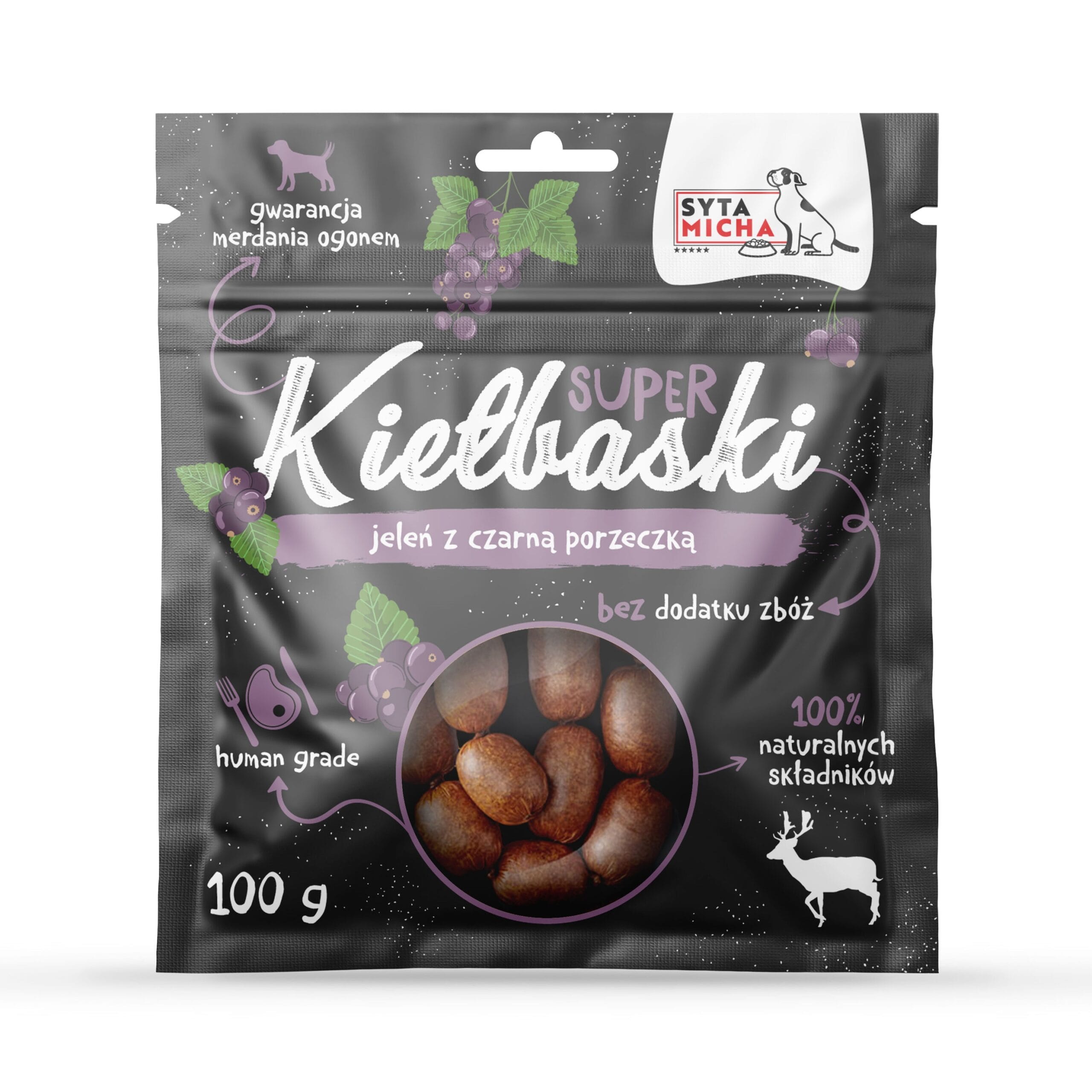 SUPER KIEŁBASKI Z JELENIEM I CZARNĄ PORZECZKĄ 100G