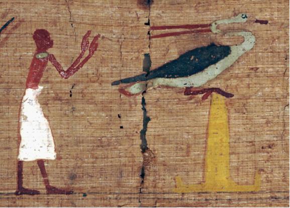 Adoration du bénou sur un pilier-obélisque, papyrus de Cologne 10207, détail de la section 17, Livre des morts de Iahtesnakht, vers 600 av. J.-C. © Kölner Papyri, Université de Cologne.