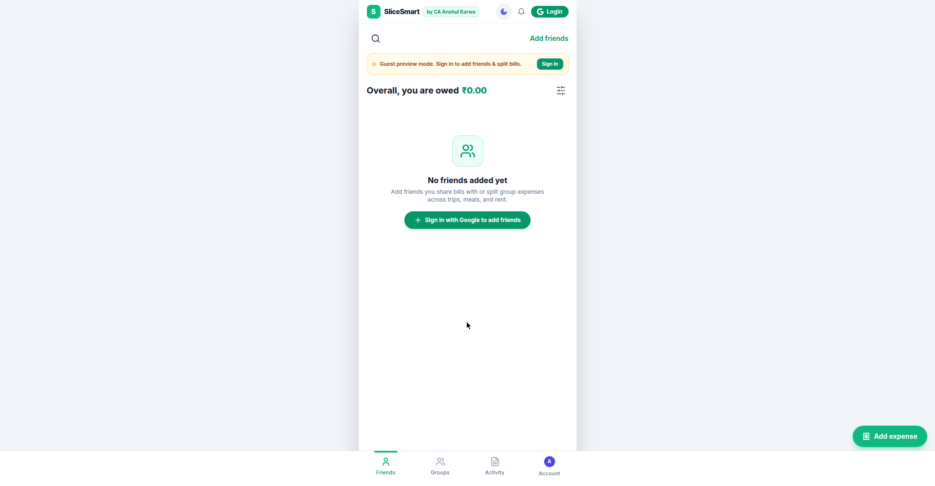 SliceSmart Friends dashboard with running balances