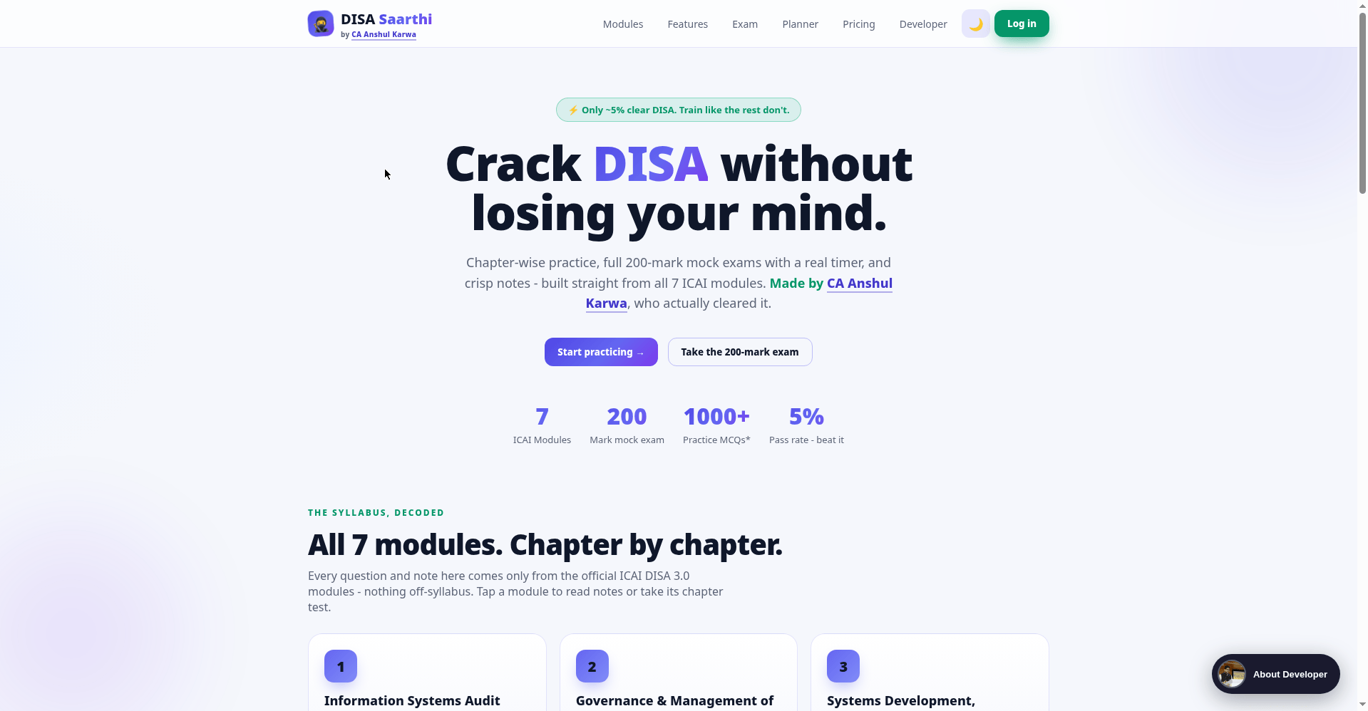 DISA Saarthi homepage for DISA exam preparation