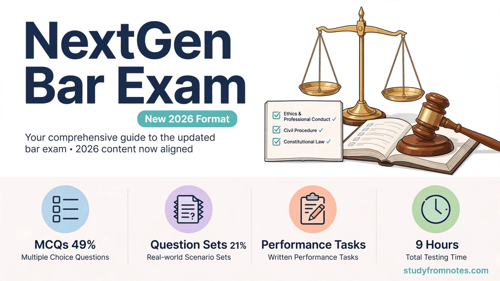 Infographic explaining the NextGen bar exam format with question type weights