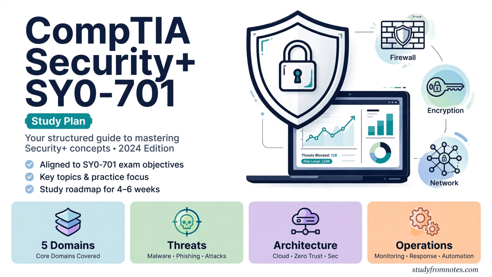 Infographic for CompTIA Security+ SY0-701 exam domains and study plan