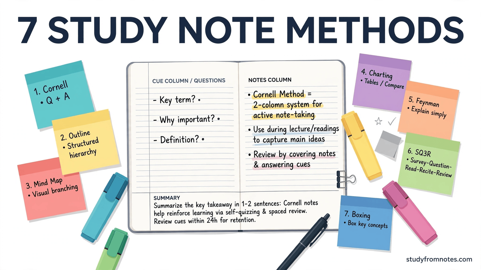 Infographic showing 7 study note methods including the Cornell notes layout