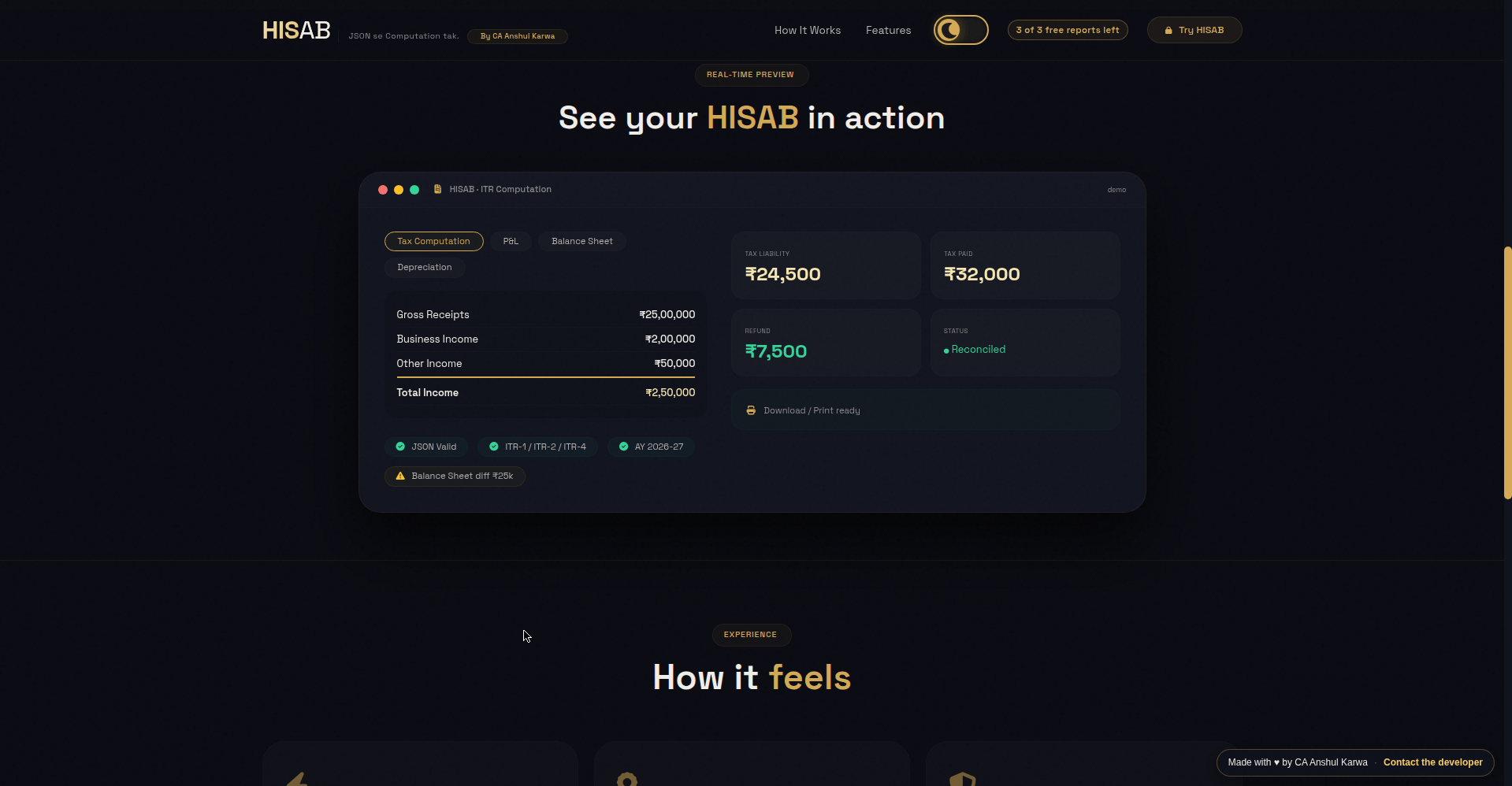 HISAB live tax computation demo section