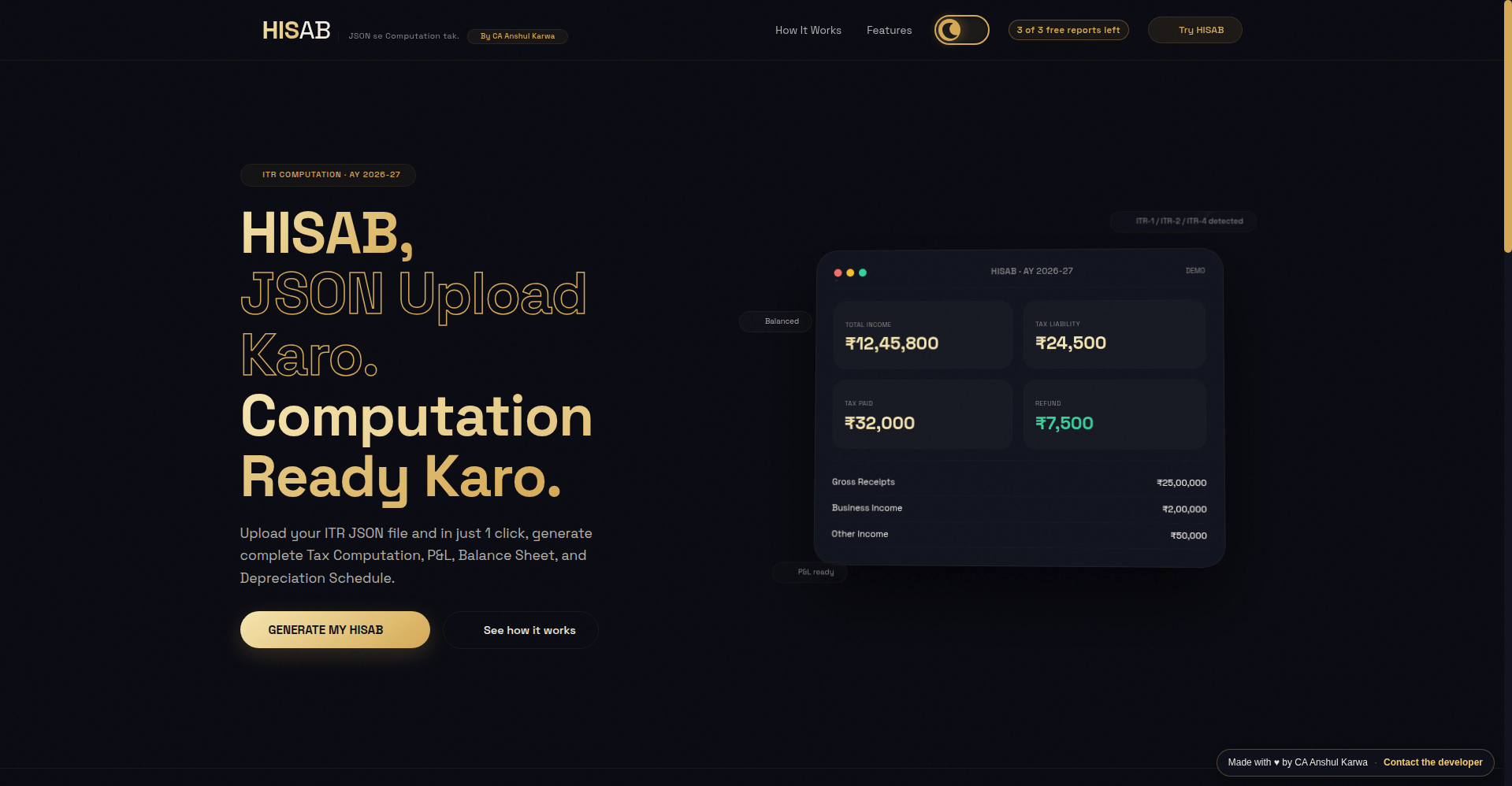 HISAB ITR computation tool homepage by CA Anshul Karwa