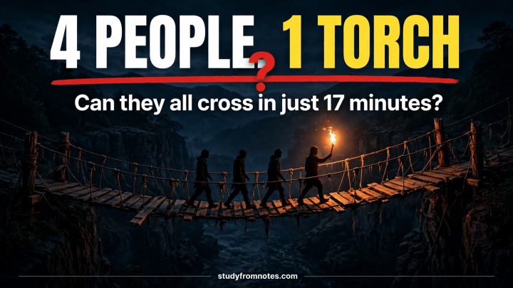 Bridge and torch puzzle answer: four people crossing a rickety bridge at night with one torch