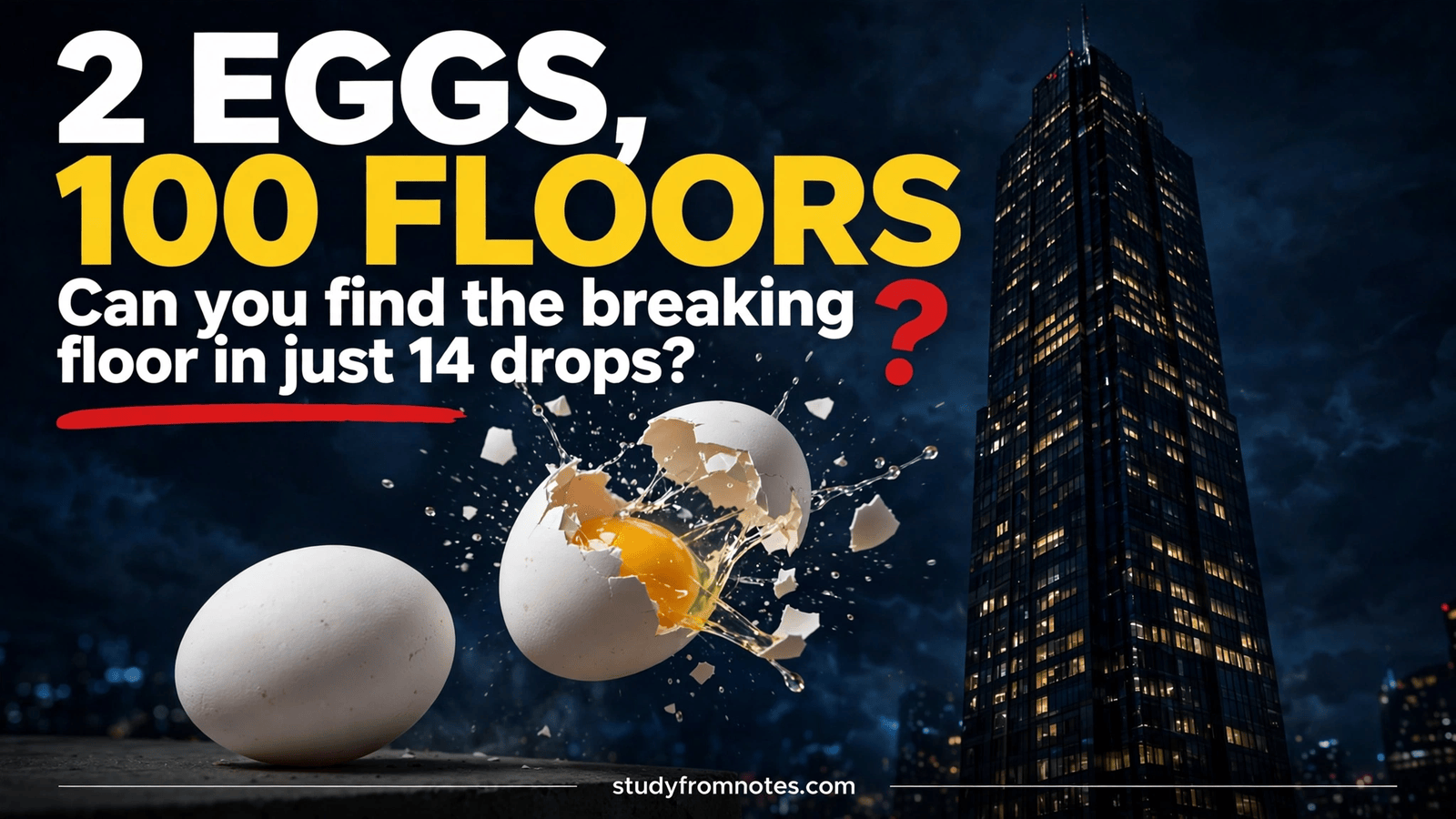 Egg drop puzzle answer featured image: 2 eggs, 100 floors, breaking floor in 14 drops