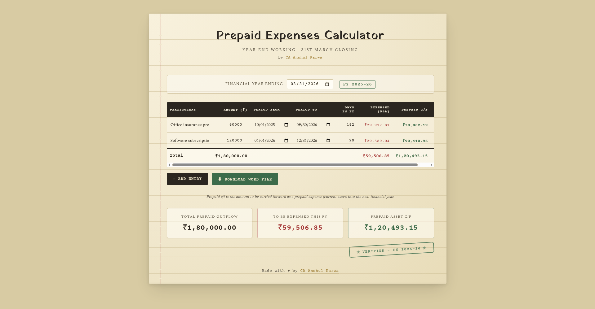 Prepaid expenses calculator with sample premium amount and period entered