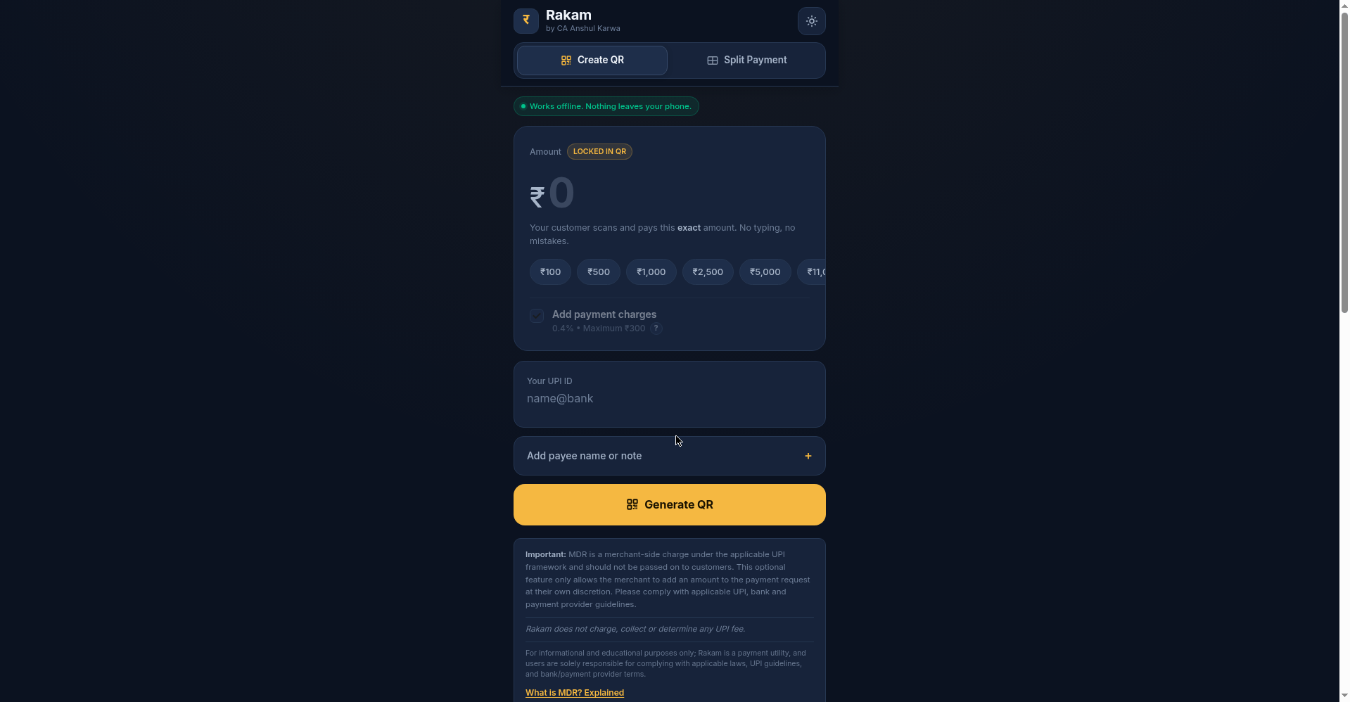 Rakam fixed UPI QR generator form