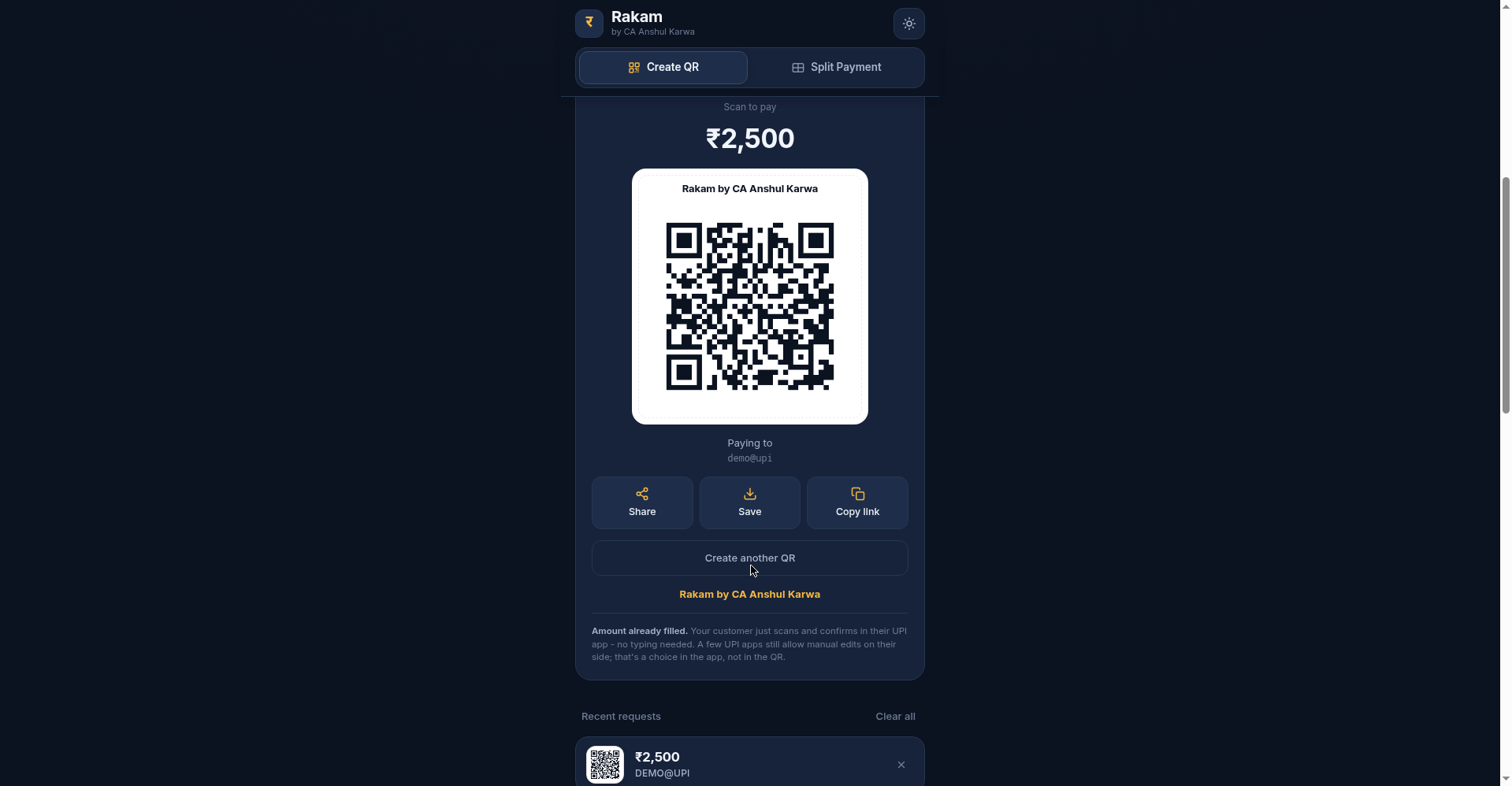 Sample fixed-amount UPI QR code generated by Rakam