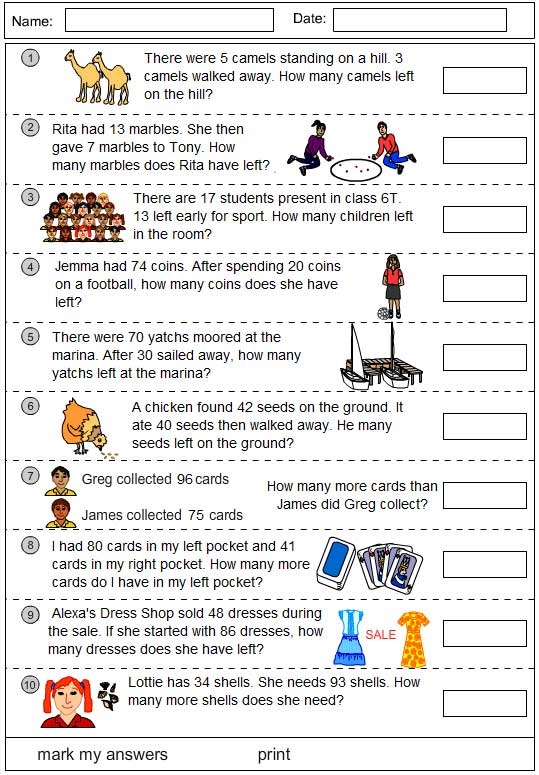 Problem solving using subtraction, mathematics skills online, interactive activity lessons