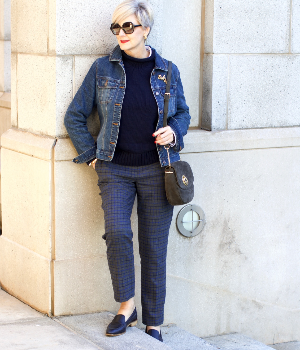 jean jacket with plaid pants