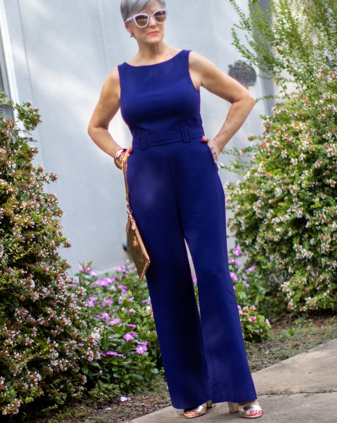 blue jumpsuit and white blazer - Style 