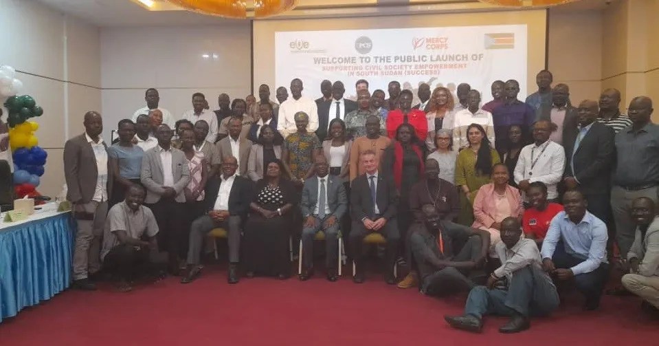 Government officials, members of civil society organizations, representatives of humanitarian organizations, and EU diplomat posed for group photo after the launch of the project in Juba on Thursday, 17th July 2025.