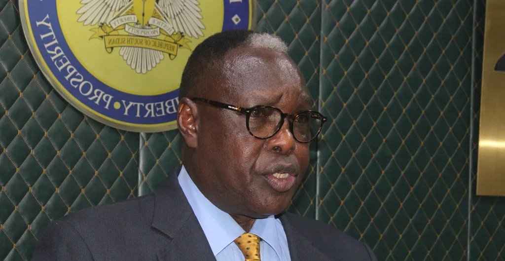 South Sudan’s cabinet minister Martin Elias Lomuro speaks to reporters during a press conference at the ministry of cabinet affairs in Juba on Monday, June 10, 2024. [Photo by Sudans Post]