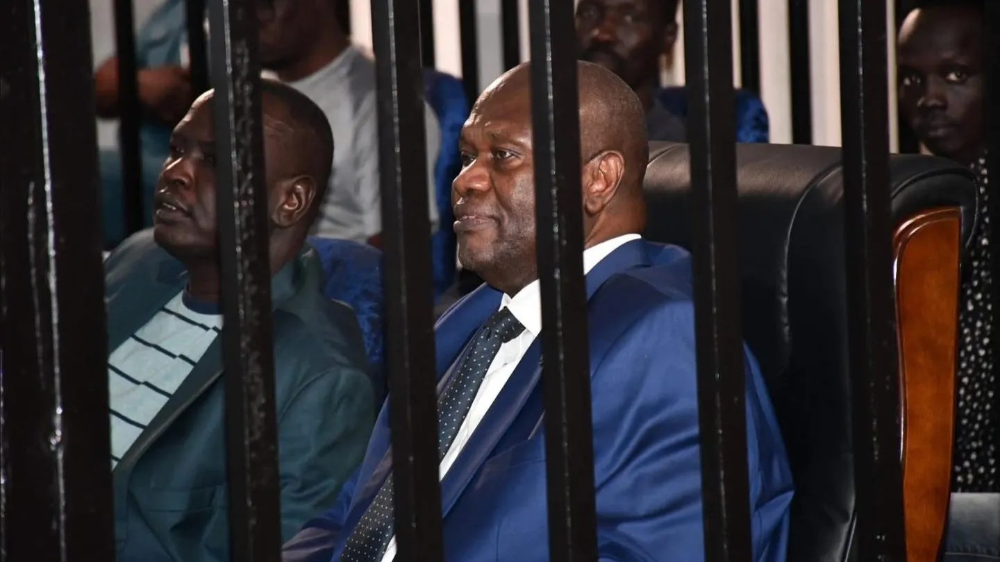 Suspended First Vice President and Chairman of SPLM-IO, Dr. Riek Machar, attends a court proceeding at Freedom Hall. [Photo: Courtesy]