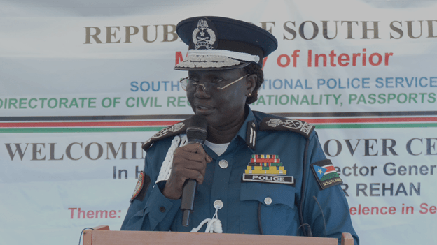 Newly appointed Director-General of the Directorate of Civil Registry, Nationality, Passports and Immigration, Lt. Gen. Achol Cyier Rehan speaks during her reception in Juba on Monday, 10 August 2026 (Photo by Sudans Post)