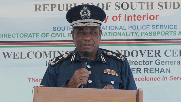 The outgoing Director-General of the Directorate of Civil Registry, Nationality, Passports and Immigration, Lt. Gen. Elia Kosta Faustino, speaks during reception ceremony of new immigration chief, on 10 August 2026 (Photo by Sudans Post)