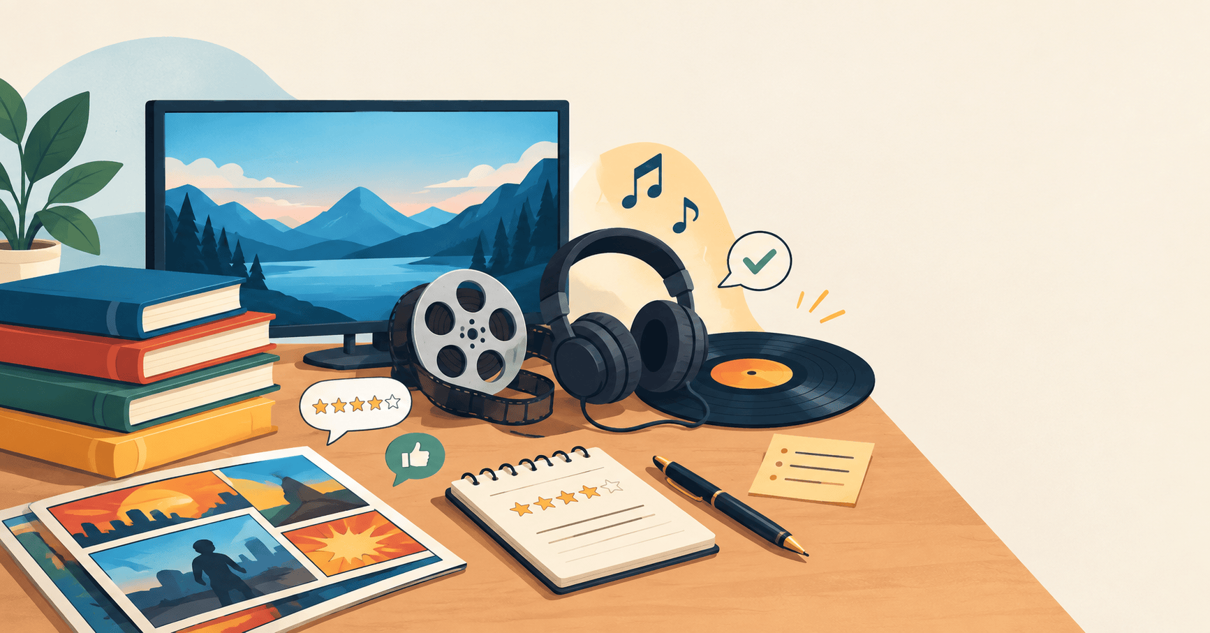 Various kinds of media (books, films, music) on a desk, with notes and speech bubbles indicating brief reviews