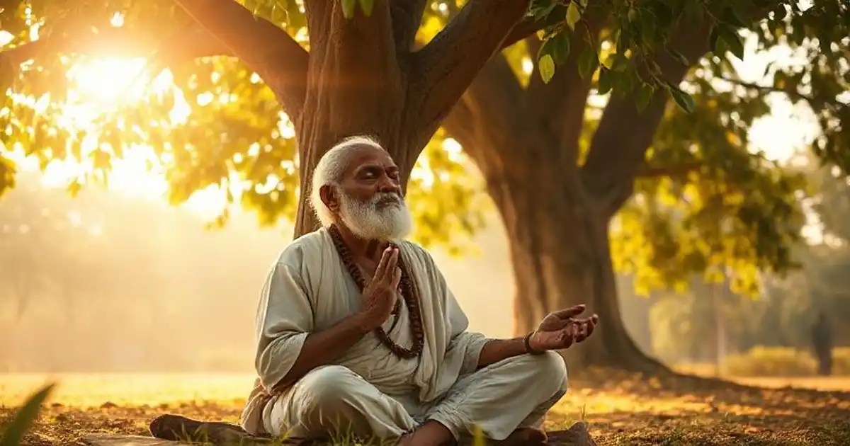 Elderly Indian sage meditating under a Peepal tree, chanting Hanuman Mantra with rudraksha mala, spiritual golden light