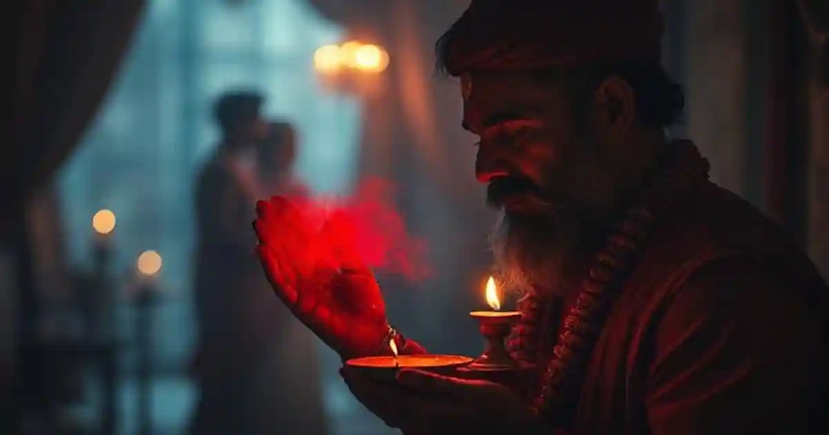 एक भारतीय साधु अबीर और दीपक के साथ प्रेम को वापस लाने का तांत्रिक प्रयोग करते हुए, पृष्ठभूमि में धुंधली छवि में प्रेमी जोड़े का प्रतीकात्मक चित्र।