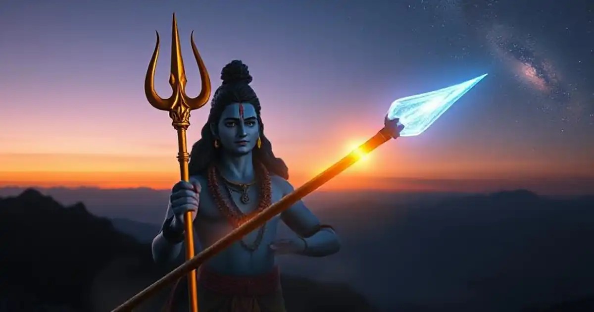 भगवान शिव त्रिशूल के साथ, जिसमें सत्व, रज, तम का प्रतीक तीन नुकीले भाग हैं, सृष्टि और लोकों का प्रतिनिधित्व करते हुए