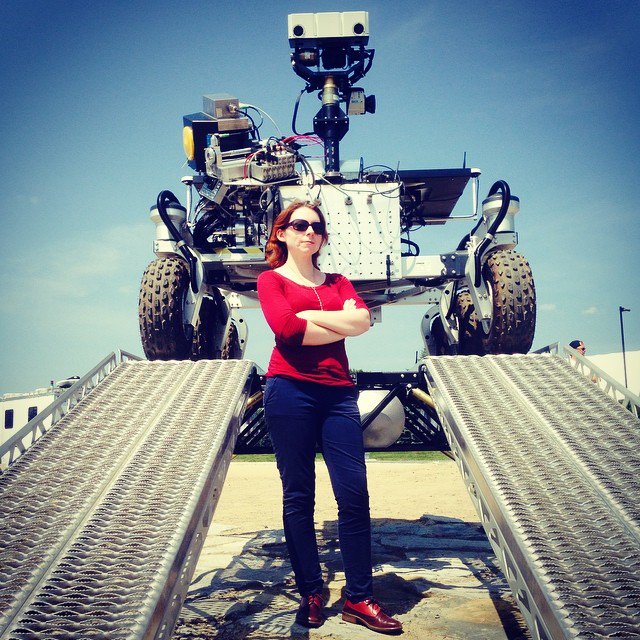 Tanya Harrison with the Canadian Space Agency's Mars Exploration Science Rover (MESR)