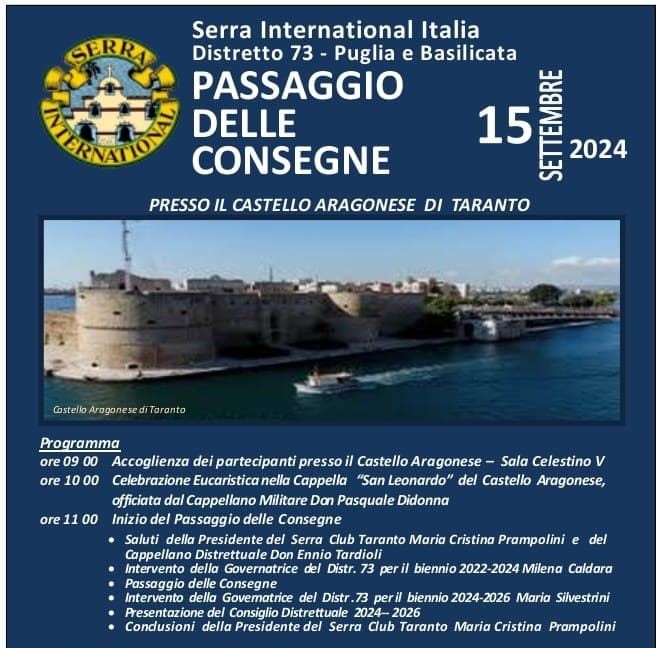 Domenica 15 settembre 2024 passaggio di consegne al Distretto 73 del Serra Club Italia