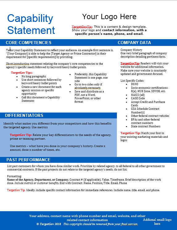 Open microsoft word on your computer. Capability Statement Editable Template - Blue - TargetGov TargetGov
