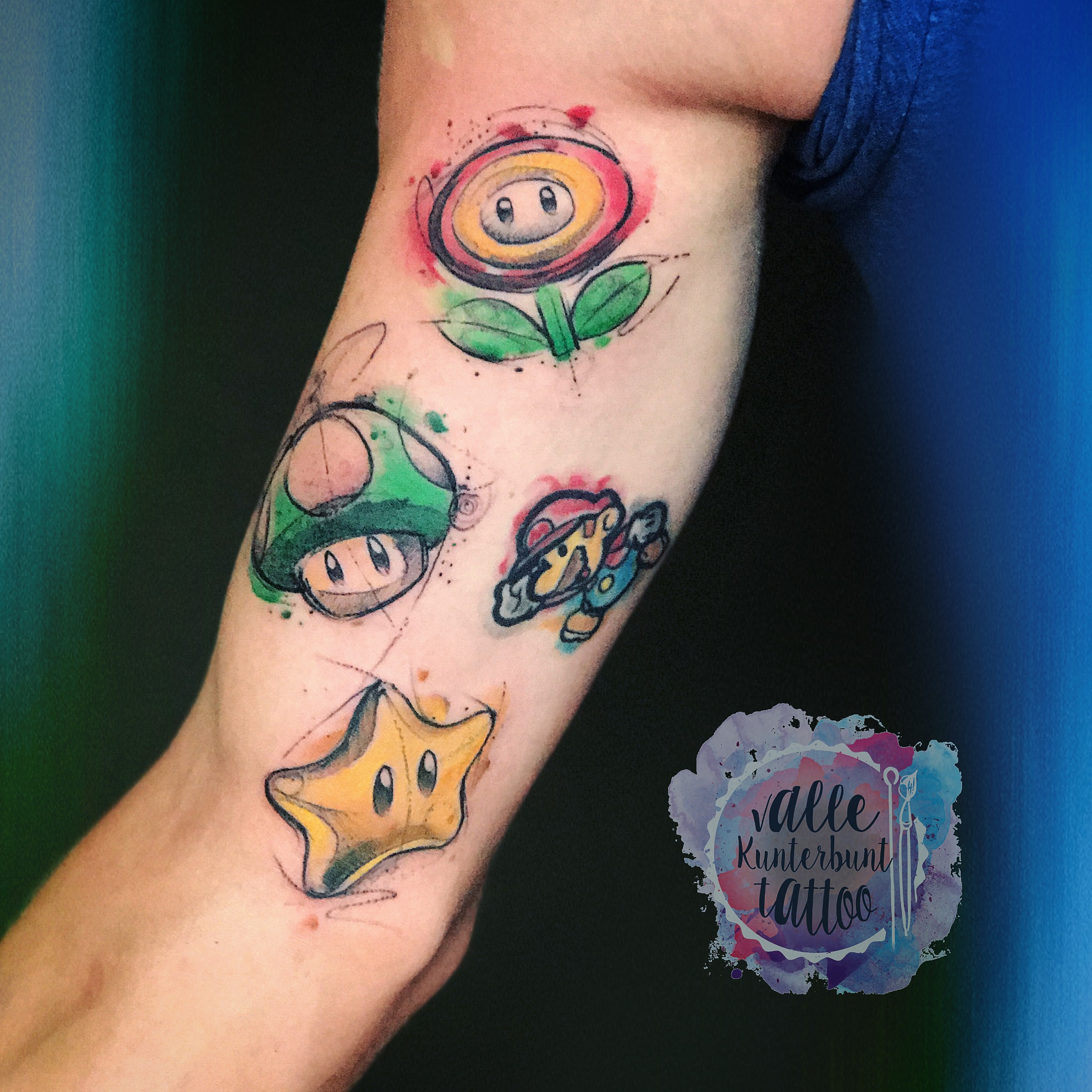 Das spiel wurde offiziell mit der konsole veröffentlicht und war auch mit dieser im bundle erhältlich. Valle Kunterbunt Super Mario Figuren Watercolour Sketch Tattoos Von Tattoo Bewertung De