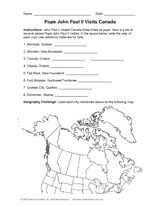 pope john paul ii visits canada geography worksheet teachervision