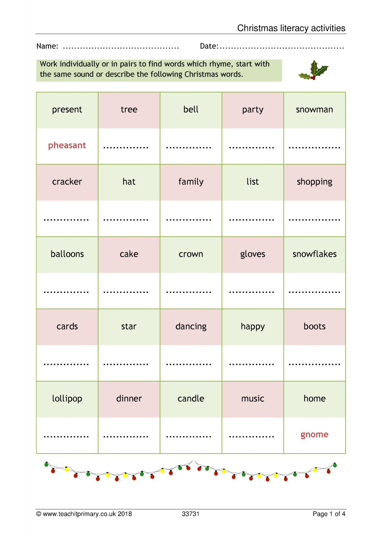 Christmas literacy activities