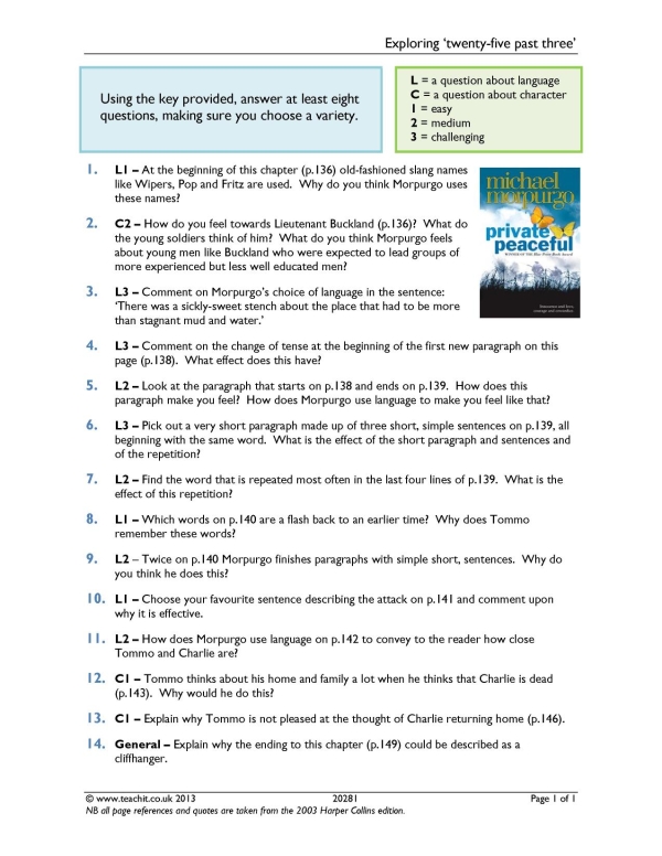 chapter 10 comprehension private peaceful ks3 english teachit
